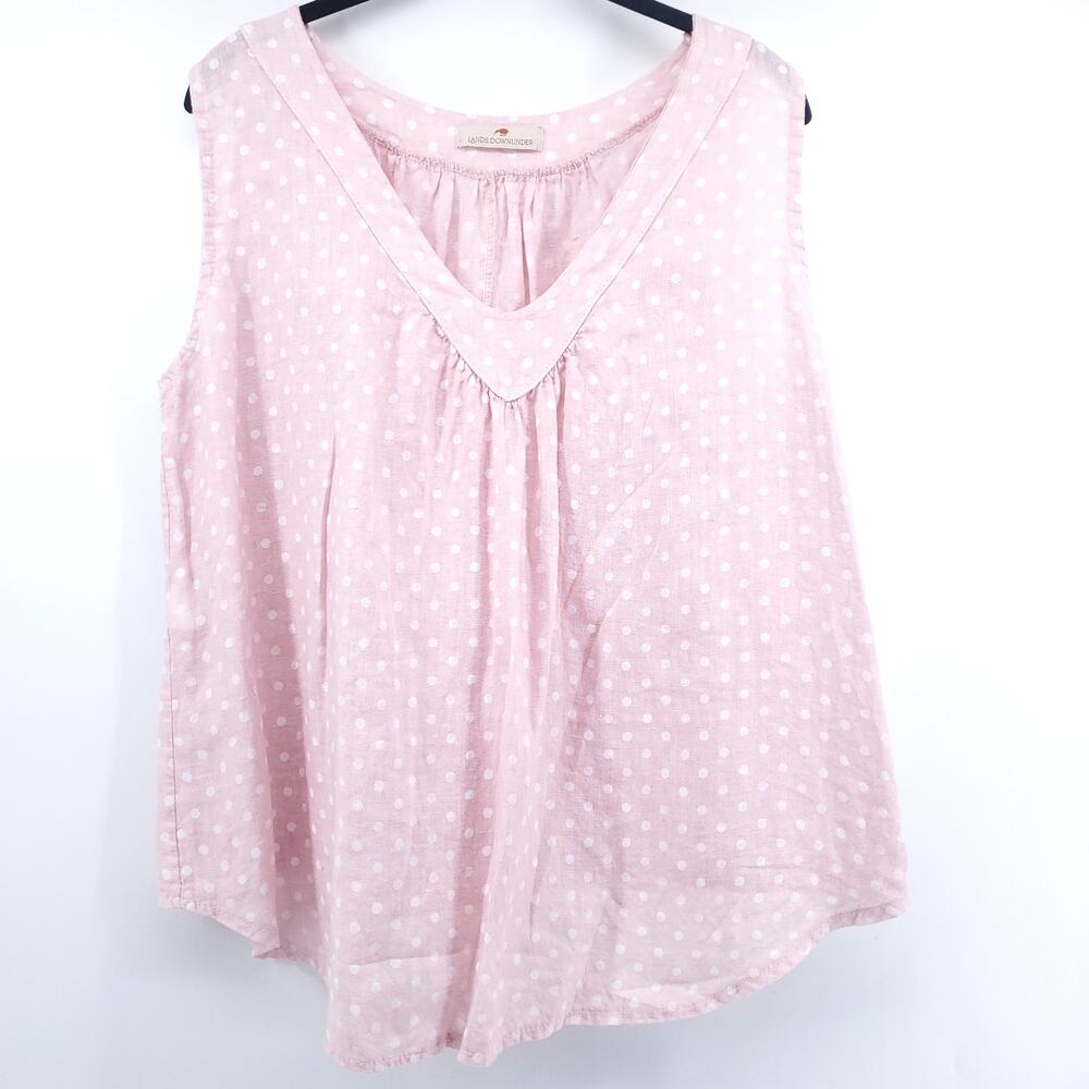 Lands Downunder Womens Pink Polka Dot Tank Top 100% Linen Flowy V-Neck Tank| S